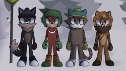 Size: 2048x1153 | Tagged: safe, artist:forwardrussia, cat, echidna, hedgehog, wolf, abstract background, beanie, blushing, crossover, eric cartman, frown, group, hat, kenny mccormick, kyle broflovski, looking at viewer, male, males only, mobianified, road sign, scar, smile, south park, stan marsh, standing, tree