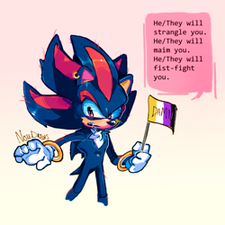 Size: 1476x1476 | Tagged: safe, artist:gotta-draw-fast, shadow the hedgehog, hedgehog, earring, english text, flag, gradient background, holding something, looking offscreen, nonbinary, nonbinary pride, one fang, pride, pride flag, pronouns, signature, solo, standing