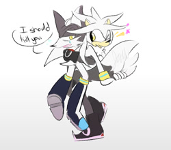 Size: 1280x1125 | Tagged: safe, artist:sonicshank, infinite the jackal, silver the hedgehog, hedgehog, jackal, english text, gay, holding tail, holding them, shipping, silvinite, speech bubble, white background