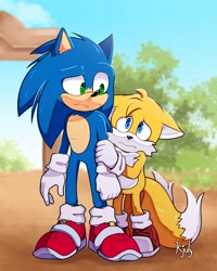 Size: 1600x2000 | Tagged: safe, artist:kjuly, miles "tails" prower, sonic the hedgehog, sonic the hedgehog 2 (2022), holding another's arm, scared