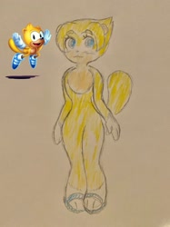 Size: 1535x2048 | Tagged: safe, artist:lazyspeedster93, ray the flying squirrel, flying squirrel, eyelashes, femboy, looking offscreen, male, paws, reference inset, sandals, smile, solo, standing, traditional media