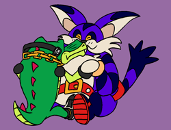 Size: 1062x806 | Tagged: safe, artist:stegocitrus, big the cat, vector the crocodile, cat, crocodile, bigtor, blushing, duo, eyes closed, gay, holding hands, male, males only, purple background, shipping, simple background, sitting, smile