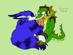 Size: 1024x768 | Tagged: safe, artist:bigthecatirl, big the cat, vector the crocodile, cat, crocodile, bigtor, duo, english text, eyes closed, fingerless gloves, gay, green background, hand on another's chin, heart, kiss, looking at them, male, males only, shipping, shrunken pupils, simple background, standing, star (symbol), sweatdrop, torn gloves