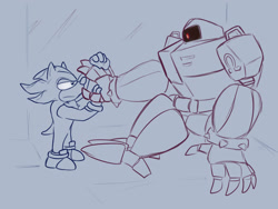 Size: 1440x1080 | Tagged: safe, artist:tribdinosaur, e-123 omega, shadow the hedgehog, hedgehog, black sclera, duo, gay, holding hands, looking at each other, omegadow, robot, shipping, sitting, standing