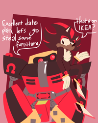Size: 800x1000 | Tagged: safe, artist:shotbyacowboy, e-123 omega, shadow the hedgehog, hedgehog, abstract background, black sclera, dialogue, duo, english text, gay, heart eyes, looking at each other, male, no outlines, omegadow, robot, shipping, sitting on them, standing