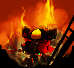 Size: 1280x1178 | Tagged: safe, artist:gayomega, e-123 omega, shadow the hedgehog, hedgehog, abstract background, comforting, duo, fire, gay, hugging, kneeling, male, omegadow, robot, ruins, shipping, standing
