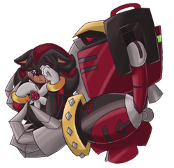 Size: 1280x1237 | Tagged: safe, artist:thebiggestshipinthefleet, e-123 omega, shadow the hedgehog, hedgehog, black sclera, carrying them, comforting, crying, cute, duo, floppy ears, flower, gay, glowing eyes, holding something, looking down, male, omegabetes, omegadow, robot, sad, shipping, simple background, sitting, standing, tears, tears of sadness, transparent background