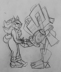 Size: 1081x1280 | Tagged: safe, artist:thebiggestshipinthefleet, e-123 omega, shadow the hedgehog, hedgehog, bending over, blushing, duo, gay, holding hands, looking at each other, omegadow, pencilwork, robot, shipping, standing, traditional media