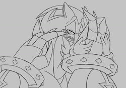 Size: 1280x898 | Tagged: safe, artist:thebiggestshipinthefleet, e-123 omega, shadow the hedgehog, hedgehog, comforting, crying, duo, eyes closed, gay, grey background, holding each other, offscreen character, omegadow, robot, sad, shipping, simple background, solo focus, tears, tears of sadness