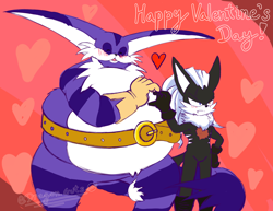 Size: 2048x1582 | Tagged: safe, artist:aeterborne, big the cat, infinite the jackal, cat, jackal, abstract background, bigfinite, blushing, crack shipping, duo, english text, eyes closed, frown, gay, heart, heart hands, lidded eyes, male, males only, signature, smile, standing, tail hug, valentine's day