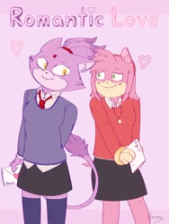 Size: 768x1024 | Tagged: safe, artist:burntremonade, amy rose, blaze the cat, cat, hedgehog, 2023, amy x blaze, cute, female, females only, hearts, lesbian, letter, looking at each other, shipping