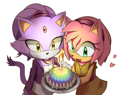 Size: 1070x832 | Tagged: safe, artist:icym24, amy rose, blaze the cat, cat, hedgehog, 2018, amy x blaze, cake, candle, cute, female, females only, hearts, lesbian, shipping