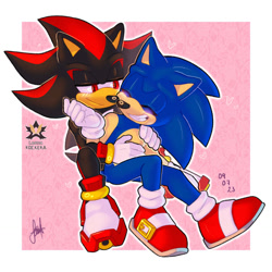Size: 1280x1280 | Tagged: safe, artist:leonarockera, shadow the hedgehog, sonic the hedgehog, hedgehog, 2023, abstract background, blushing, border, duo, eyes closed, gay, heart, hugging from behind, looking at them, male, males only, outline, shadow x sonic, shipping, signature, smile, solo