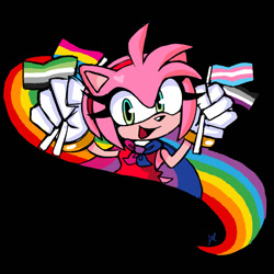 Size: 1280x1280 | Tagged: safe, artist:pkrockinon, amy rose, hedgehog, 2023, aromantic pride, asexual pride, bisexual, bisexual pride, black background, cape, female, flag, gay pride, holding something, looking at viewer, pansexual pride, pride, pride flag, redraw, signature, simple background, smile, solo, trans pride