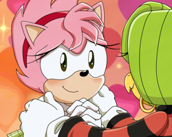 Size: 1000x800 | Tagged: safe, artist:xcustardopossumx, amy rose, tekno the canary, bird, hedgehog, 2021, abstract background, blushing, canary, duo, fake screenshot, female, females only, fleetway amy, hands on another's shoulders, hands together, lesbian, looking at each other, redraw, shipping, smile, sonic x, standing, teknamy
