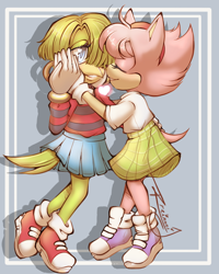 Size: 1024x1280 | Tagged: safe, artist:rreinnni, amy rose, tekno the canary, bird, hedgehog, 2022, abstract background, canary, duo, female, females only, fleetway amy, hand on another's face, heart, lesbian, shipping, signature, smile, standing, teknamy
