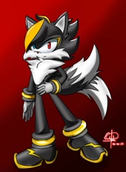 Size: 748x1023 | Tagged: safe, oc, hybrid, 2022, black fur, chest fluff, fankid, frown, gradient background, hair over one eye, hand on hip, hedgefox, heterochromia, looking at viewer, magical gay spawn, oc only, parent:shadow, parent:tails, parents:shadails, signature, solo