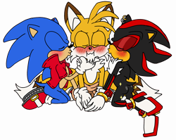 Size: 1600x1271 | Tagged: safe, artist:sir-psych0-s3xy, miles "tails" prower, shadow the hedgehog, sonic the hedgehog, fox, hedgehog, 2021, blushing, butt, colored ears, earring, eyelashes, eyes closed, flat colors, gay, holding hands, jacket, kiss on cheek, kneeling, male, males only, older, pansexual, pants, polyamory, shadails, shipping, simple background, sonadails, sonic x tails, sparkles, transparent background, trio