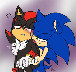 Size: 1500x1423 | Tagged: safe, artist:issy2610, shadow the hedgehog, sonic the hedgehog, hedgehog, 2016, annoyed, blushing, cross popping vein, duo, frown, gay, gradient background, holding them, licking, lidded eyes, looking at each other, male, males only, shadow x sonic, shipping, signature, smile, standing
