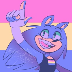 Size: 1000x1000 | Tagged: safe, artist:peachdoesart, sonic the hedgehog, hedgehog, 2021, fingerless gloves, icon, male, mouth open, pansexual, pansexual pride, pointing, pride, pride flag background, signature, smile, solo, tank top