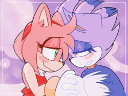 Size: 2048x1536 | Tagged: safe, artist:artyyline, amy rose, blaze the cat, cat, hedgehog, 2019, abstract background, amy x blaze, blushing, duo, female, females only, holding hands, lesbian, lidded eyes, looking at each other, shipping, smile
