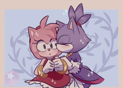 Size: 1024x734 | Tagged: safe, artist:nia-pine666, amy rose, blaze the cat, cat, hedgehog, 2018, :o, abstract background, amy x blaze, blushing, border, duo, eyes closed, female, females only, holding them, kiss on cheek, lesbian, shipping, sparkles, standing, surprised