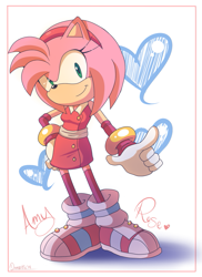Size: 743x1019 | Tagged: safe, artist:domestic maid, amy rose, hedgehog, 2014, abstract background, character name, female, heart, looking at viewer, pointing, smile, solo, sonic boom (tv), standing