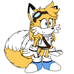 Size: 5100x5100 | Tagged: safe, artist:rewriteelectric2008, miles "tails" prower, fox, 2023, alternate universe, badge, belt, blue shoes, eyelashes, female, flat colors, goggles, lesbian, looking offscreen, pride pin, scarf, simple background, smile, solo, trans female, transgender, transparent background