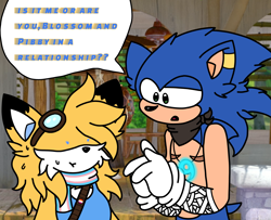 Size: 6753x5488 | Tagged: safe, artist:rewriteelectric2008, miles "tails" prower, sonic the hedgehog, fox, hedgehog, 2023, alternate universe, belt, dialogue, duo, english text, female, goggles, lesbian, male, necklace, scarf, screenshot background, sweatdrop, top surgery scars, trans female, trans male, transgender