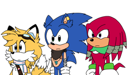 Size: 8290x4888 | Tagged: safe, artist:rewriteelectric2008, knuckles the echidna, miles "tails" prower, sonic the hedgehog, echidna, fox, hedgehog, 2023, alternate universe, belt, ear piercing, female, flat colors, frown, goggles, lesbian, looking offscreen, male, necklace, reaction image, scarf, standing, team sonic, top surgery scars, trans female, trans male, transgender, trio