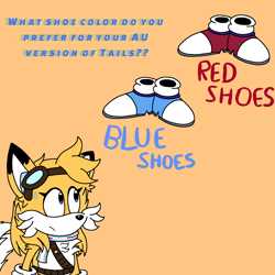 Size: 5888x5888 | Tagged: safe, artist:rewriteelectric2008, miles "tails" prower, fox, 2023, alternate universe, belt, blue shoes, english text, female, flat colors, frown, goggles, heels, lesbian, looking at something, orange background, red shoes, scarf, shoes, simple background, solo, sweatdrop, trans female, transgender