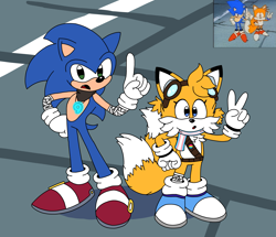 Size: 4449x3818 | Tagged: safe, artist:rewriteelectric2008, miles "tails" prower, sonic the hedgehog, fox, hedgehog, sonic the ova, 2023, abstract background, bandana, belt, duo, female, flat colors, male, mouth open, necklace, pansexual, pointing, redraw, reference inset, scarf, standing, trans female, trans male, transgender, v sign