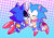 Size: 3013x2085 | Tagged: safe, artist:azulila, metal sonic, sonic the hedgehog, hedgehog, abstract background, black sclera, blushing, classic sonic, cute, duo, eyes closed, gay, genderless, holding hands, male, metalbetes, metonic, mid-air, outline, robot, shipping, sonabetes