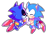 Size: 3013x2085 | Tagged: safe, artist:azulila, metal sonic, sonic the hedgehog, hedgehog, alternate version, black sclera, blushing, classic sonic, cute, duo, eyes closed, gay, genderless, holding hands, male, metalbetes, metonic, mid-air, outline, robot, shipping, simple background, sonabetes, transparent background