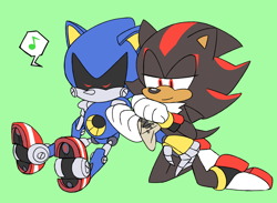 Size: 1500x1100 | Tagged: safe, artist:cherucat, metal sonic, shadow the hedgehog, hedgehog, 2016, black sclera, cleaning, cloth, cute, duo, eyes closed, flat colors, gay, genderless, green background, kneeling, lidded eyes, male, metadow, metalbetes, musical notes, shadowbetes, shipping, simple background, sitting
