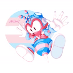 Size: 1958x1958 | Tagged: safe, artist:n0ughtsense, charmy bee, bee, 2023, arms out, flying, male, simple background, smile, solo, trans male, trans pride, transgender, white background