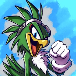 Size: 2048x2048 | Tagged: safe, artist:piemations, jet the hawk, bird, 2022, abstract background, arm fluff, chest fluff, clenched fist, hawk, looking at viewer, male, mouth open, shoulder fluff, smile, solo, standing