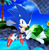 Size: 1348x1366 | Tagged: safe, artist:5ciss0rs, sonic the hedgehog, hedgehog, sonic superstars, 2023, abstract background, chaos emerald, classic sonic, holding something, looking at viewer, male, mid-air, outline, redraw, smile, solo