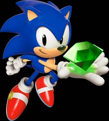 Size: 749x832 | Tagged: safe, editor:eggsalad2dx, sonic the hedgehog, hedgehog, sonic superstars, 2023, black background, chaos emerald, classic sonic, edit, holding something, looking at viewer, male, simple background, smile, solo