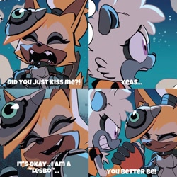 Size: 1200x1200 | Tagged: safe, tangle the lemur, whisper the wolf, did you just kiss me?, duo, edit, english text, lesbian, meme, panels, shipping, tangle x whisper