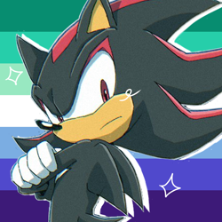 Size: 768x768 | Tagged: safe, artist:homophobic-sonic, shadow the hedgehog, hedgehog, arms folded, edit, frown, gay, icon, looking at viewer, male, mlm pride, pride flag background, solo