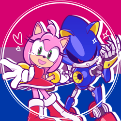 Size: 768x768 | Tagged: safe, artist:homophobic-sonic, amy rose, metal sonic, hedgehog, bisexual, bisexual pride, edit, female, genderless, heart, icon, looking at viewer, metamy, pride flag background, shipping, solo, sparkles