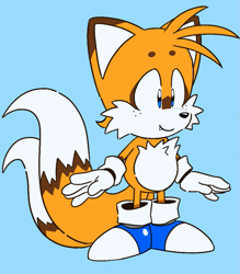 Size: 965x1103 | Tagged: safe, artist:homophobic-sonic, miles "tails" prower, fox, sonic mania adventures, blue background, blue shoes, edit, freckles, male, one fang, simple background, smile, solo, standing
