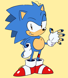 Size: 965x1103 | Tagged: safe, artist:homophobic-sonic, sonic the hedgehog, hedgehog, sonic mania adventures, chest fluff, claws, edit, fingerless gloves, looking at viewer, male, pawpads, simple background, smile, solo, standing, trans male, transgender, waving, yellow background