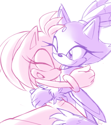 Size: 1280x1440 | Tagged: safe, artist:siggiedraws, amy rose, blaze the cat, cat, hedgehog, amy x blaze, amy's halterneck dress, blaze's tailcoat, duo, female, females only, hugging, lesbian, shipping, simple background, smile, standing, white background
