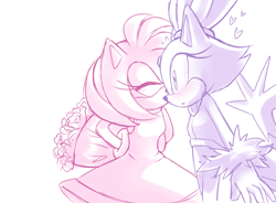 Size: 1280x943 | Tagged: safe, artist:siggiedraws, amy rose, blaze the cat, cat, hedgehog, :o, amy x blaze, amy's halterneck dress, blaze's tailcoat, blushing, duo, female, females only, flower bouquet, heart, kiss on cheek, lesbian, shipping, simple background, standing, white background