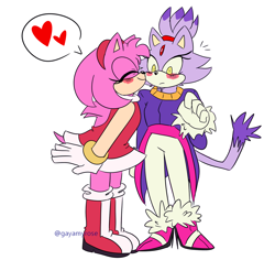 Size: 1280x1209 | Tagged: safe, artist:sonicdrift2, amy rose, blaze the cat, cat, hedgehog, amy x blaze, blushing, duo, female, females only, heart, kiss on cheek, lesbian, shipping, simple background, standing, white background