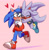 Size: 1717x1748 | Tagged: safe, artist:chippuyon, nicky, silver the hedgehog, sonic the hedgehog, hedgehog, blushing, cute, duo, gay, heart, hugging from behind, male, males only, nickilver, pink background, shipping, silvabetes, simple background, sonilver, walking