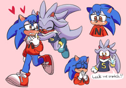 Size: 2048x1444 | Tagged: safe, artist:chippuyon, nicky, silver the hedgehog, sonic the hedgehog, hedgehog, alternate version, blushing, crying, cute, duo, gay, heart, hugging from behind, male, males only, nickilver, pink background, shipping, shirt, silvabetes, simple background, smile, sonilver, walking