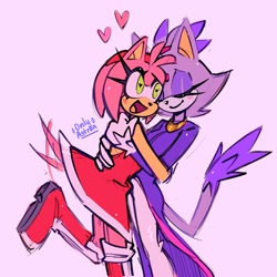 Size: 2048x2048 | Tagged: safe, artist:onlyastraa, amy rose, blaze the cat, cat, hedgehog, 2023, amy x blaze, amy's halterneck dress, blaze's tailcoat, cute, eyes closed, female, females only, hearts, hugging, lesbian, mouth open, shipping, tail wagging